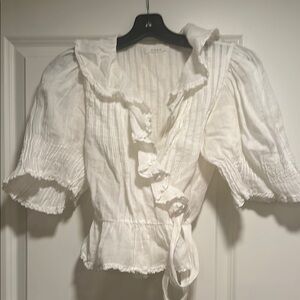 Doen White V-Neck Puff Sleeve Blouse with Ruffled and Smocked Details